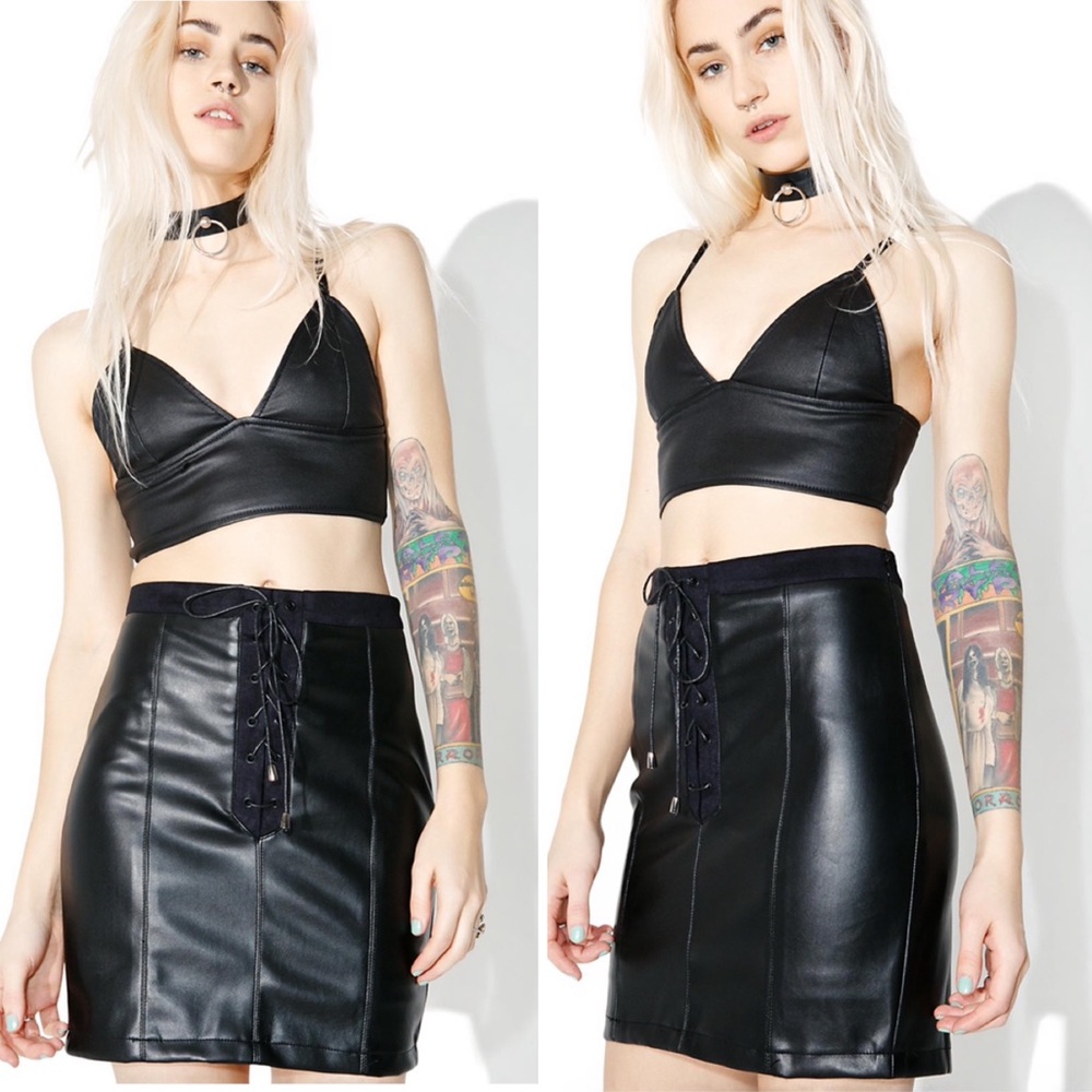 NWT WYLDR Faux Leather Lace Up Biker Mini Skirt Black
